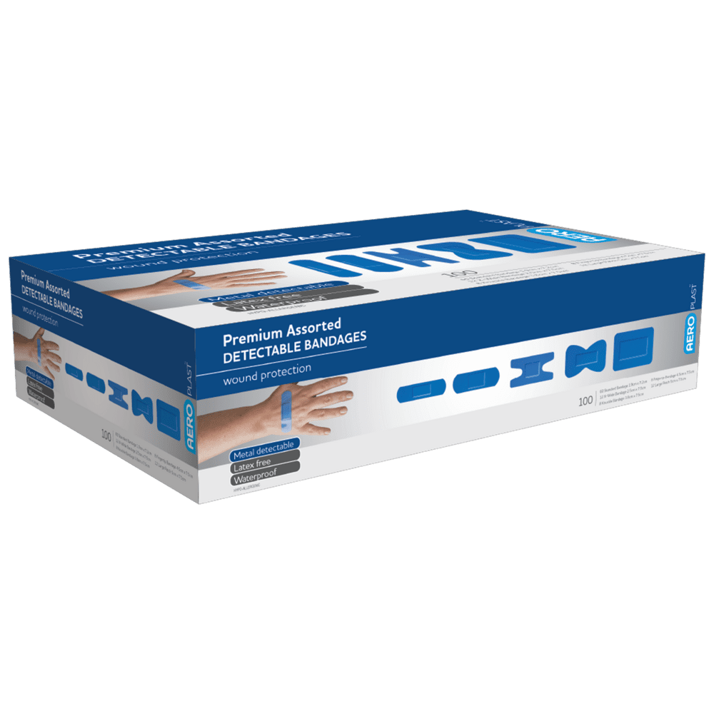 AD1006_01_1000px.png AEROPLAST Premium Detectable Assorted Dressings Box/100 - Customers also search for: bandaid,P3 P3,Food Grade Plasters,Metal and Visual Detectable,50pk