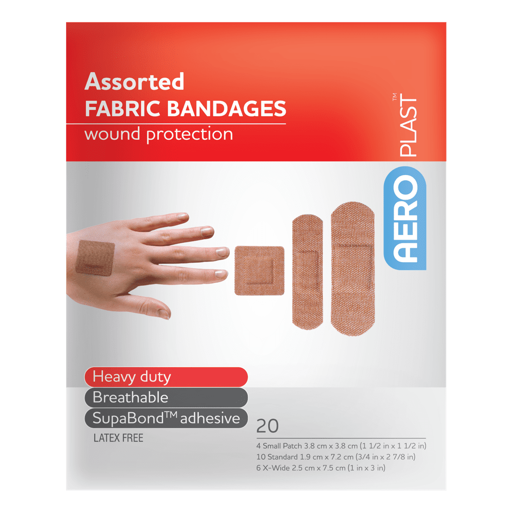 AFP504_01_1000px.png AEROPLAST Premium Fabric Assorted Dressings Env/20 - Customers also search for: bandaid,fabric strip,First Aid Only H119 3/4"x3" Heavy Woven Fabric Bandages,100/box,Medique 61433 7/8" x 3" Flexible HW Strip Bandages,Trafalgar 42510 ELASTOPLAST FABRIC STRIPS PK100,P13 P13,Adhesive Plasters,Fabric,72 x 19mm,100pk,44003 Bandaid Dressing Strip 7.5cm x 1m,BAF501 AEROPLAST Fabric Dressing Strips 100 pack